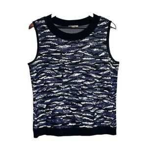 St. John Santana Knit Camisole Shell Tank Top Size M Black Blue White Print